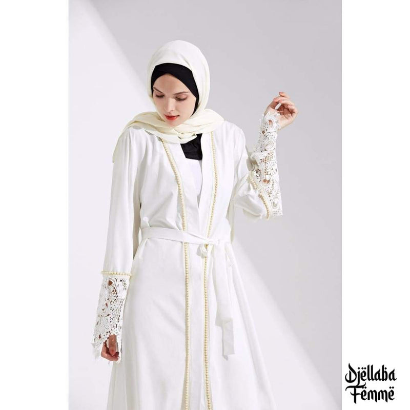 Abaya blanc pour femme à dentelle