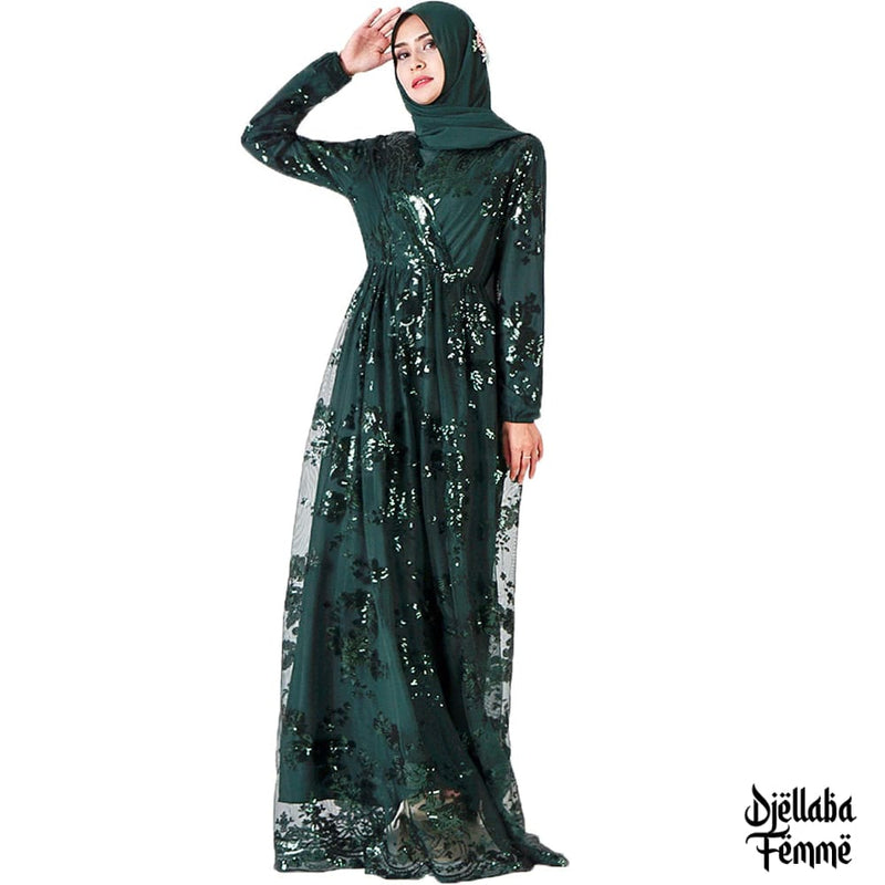 Abaya femme vert et argent