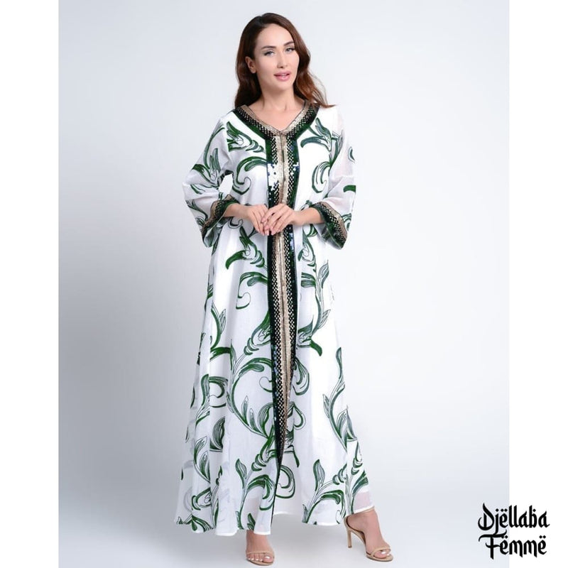 Djellaba Femme marocaine blanche arabesques vertes