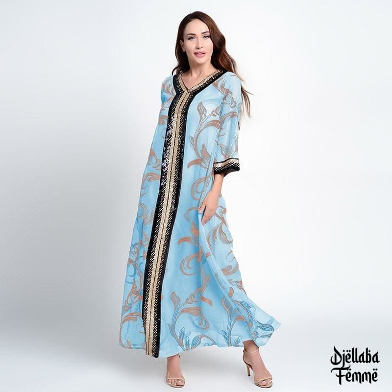 Djellaba Femme marocaine bleue arabesque