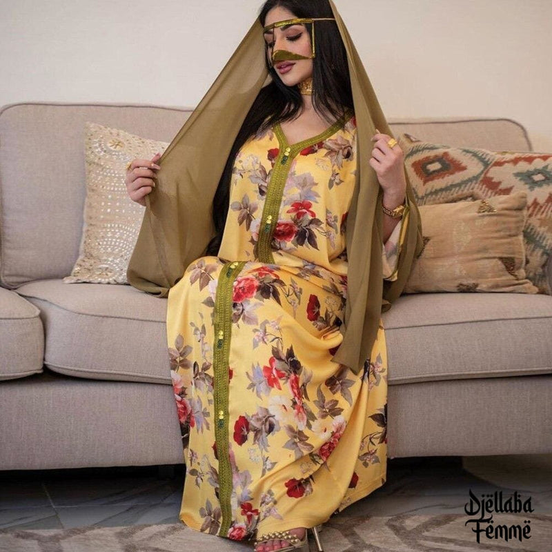 Djellaba Femme marocaine jaune à fleurs