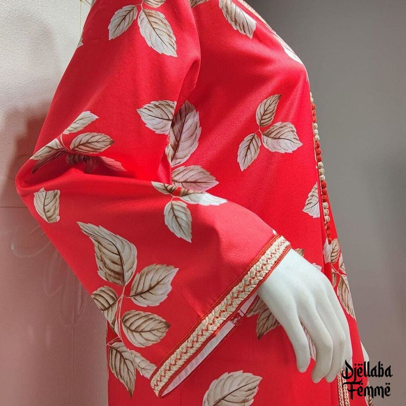 Djellaba Femme marocaine rouge à feuillage